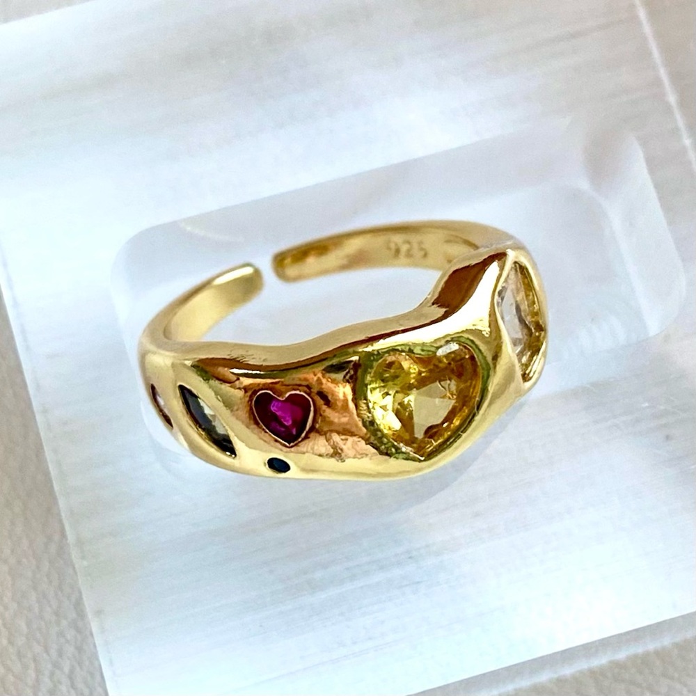 Gold-Tone Heart Gemstone Ring with Pink and Yellow Accents